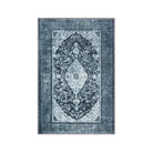 Machine washable blue and gray distressed area rug made from recycled materials, kid and pet friendly