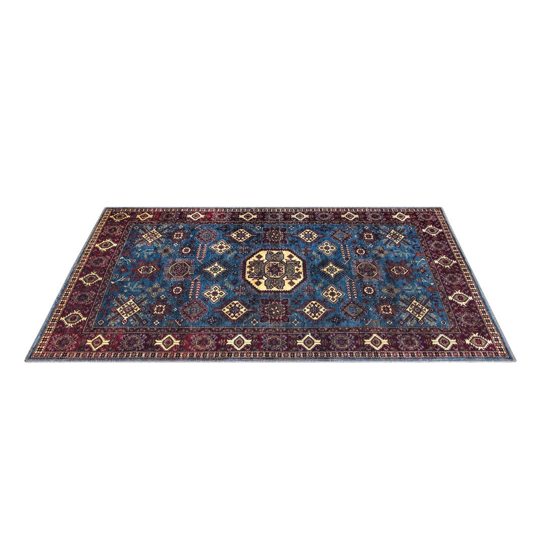 Machine washable blue area rug in navy, indigo, cream, light blue, and red colors, made from eco-friendly recycled materials. Kid and pet friendly, ideal for high-traffic areas. Available sizes: 2x3, 3x5, 5x35