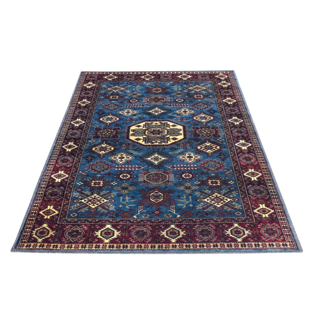 Machine washable blue area rug in navy, indigo, cream, light blue, and red colors, made from eco-friendly recycled materials. Kid and pet friendly, ideal for high-traffic areas. Available sizes: 2x3, 3x5, 5x37