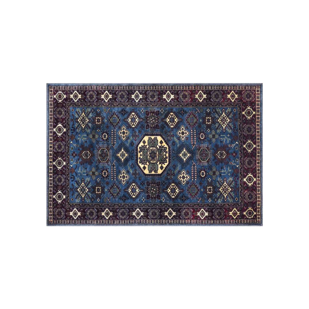 Machine washable blue area rug in navy, indigo, cream, light blue, and red colors, made from eco-friendly recycled materials. Kid and pet friendly, ideal for high-traffic areas. Available sizes: 2x3, 3x5, 5x18