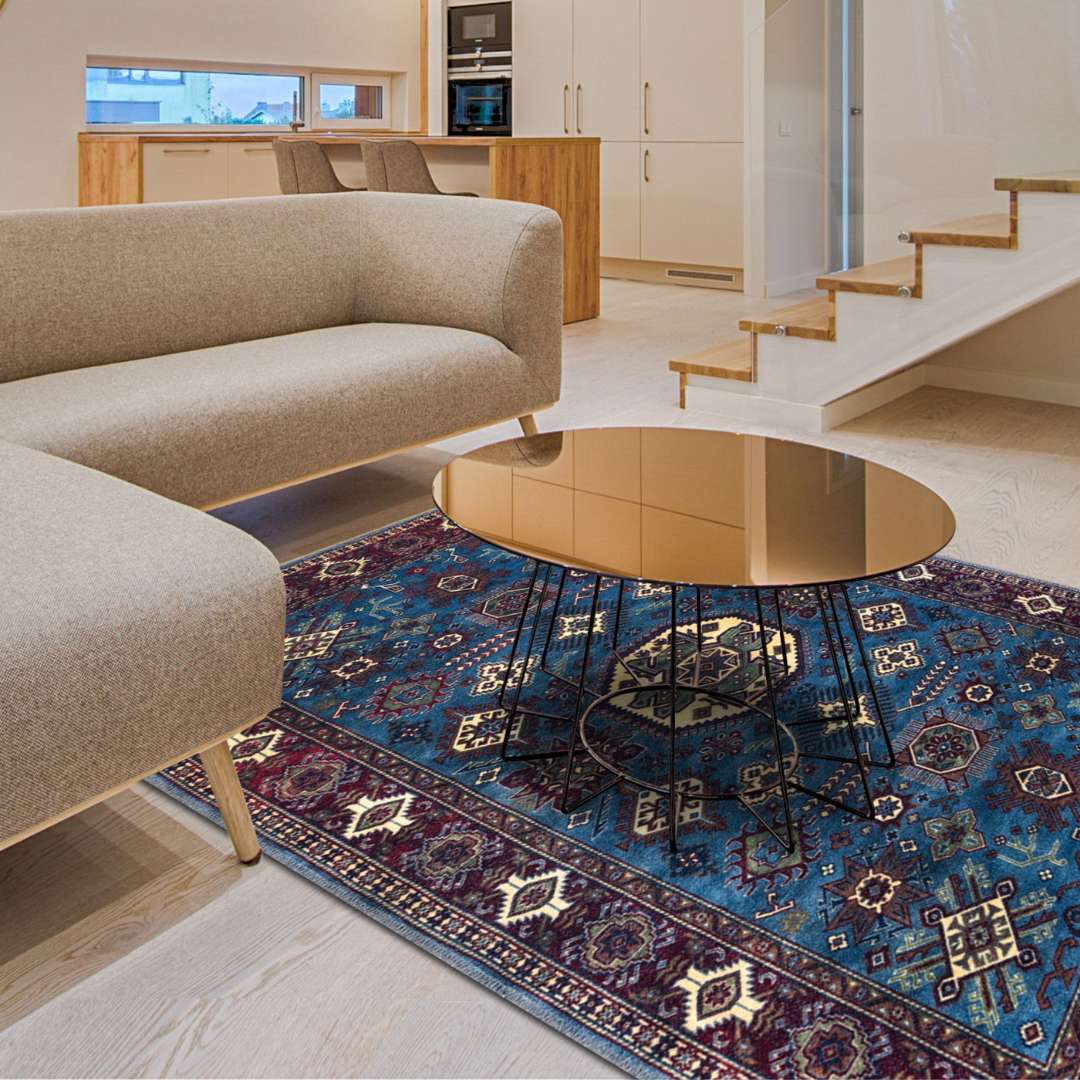 Machine washable blue area rug in navy, indigo, cream, light blue, and red colors, made from eco-friendly recycled materials. Kid and pet friendly, ideal for high-traffic areas. Available sizes: 2x3, 3x5, 5x20