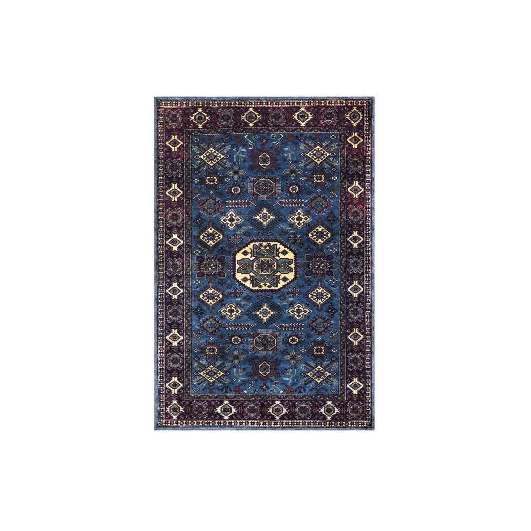 Machine washable blue area rug in navy, indigo, cream, light blue, and red colors, made from eco-friendly recycled materials. Kid and pet friendly, ideal for high-traffic areas. Available sizes: 2x3, 3x5, 5x7