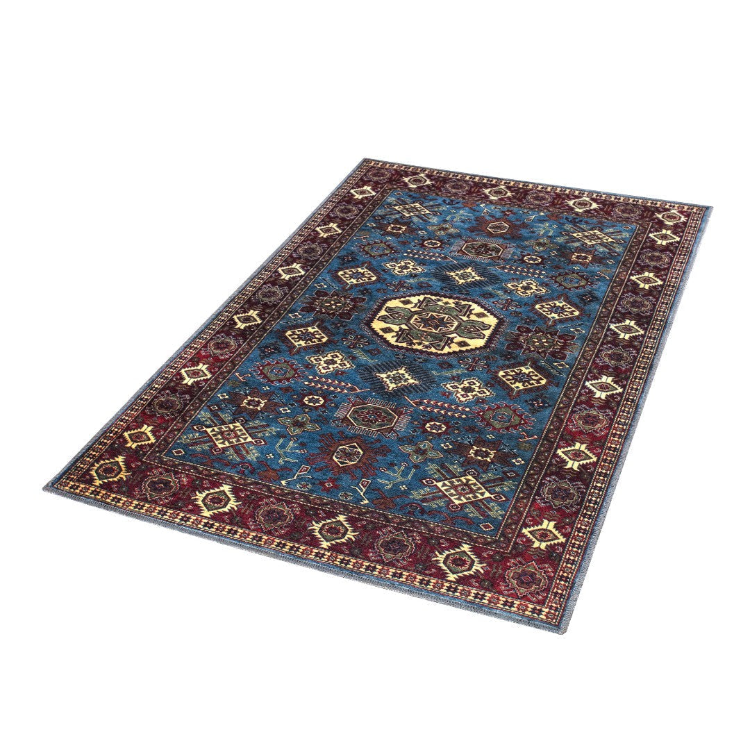 Machine washable blue area rug in navy, indigo, cream, light blue, and red colors, made from eco-friendly recycled materials. Kid and pet friendly, ideal for high-traffic areas. Available sizes: 2x3, 3x5, 5x14