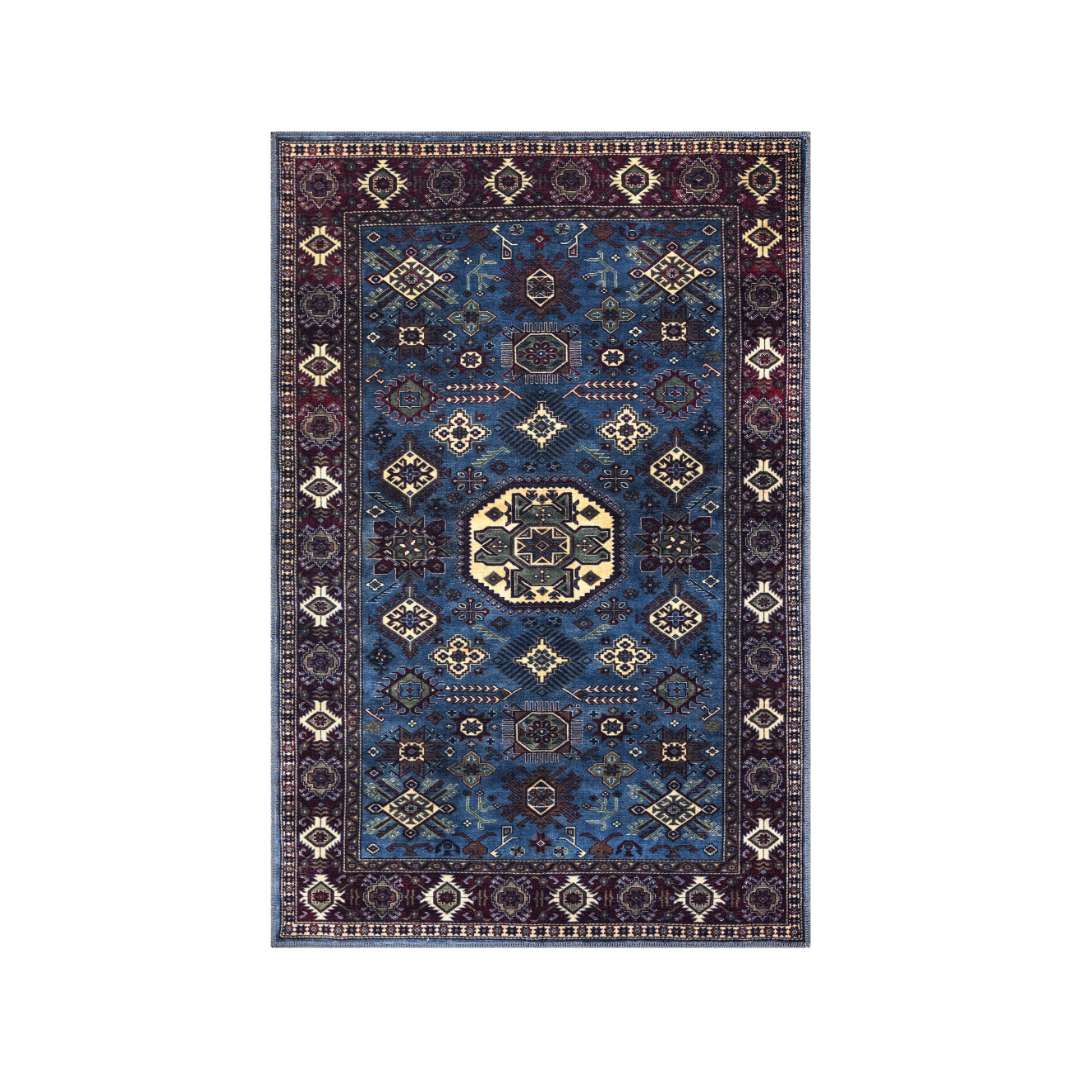 Machine washable blue area rug in navy, indigo, cream, light blue, and red colors, made from eco-friendly recycled materials. Kid and pet friendly, ideal for high-traffic areas. Available sizes: 2x3, 3x5, 5x7