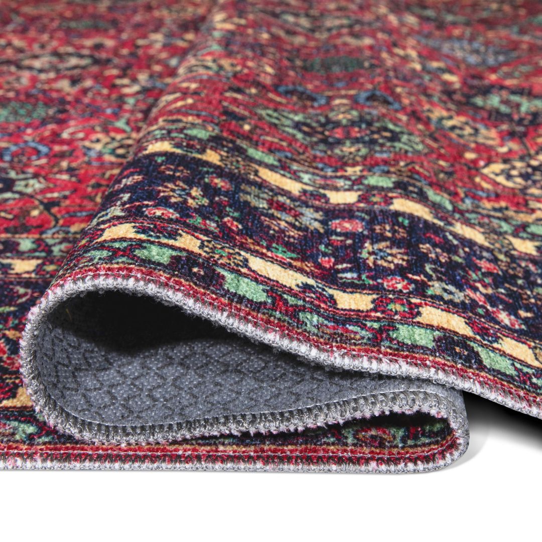 Machine washable area rug made from recycled material, available in red and blue, kid and pet friendly, eco-friendly