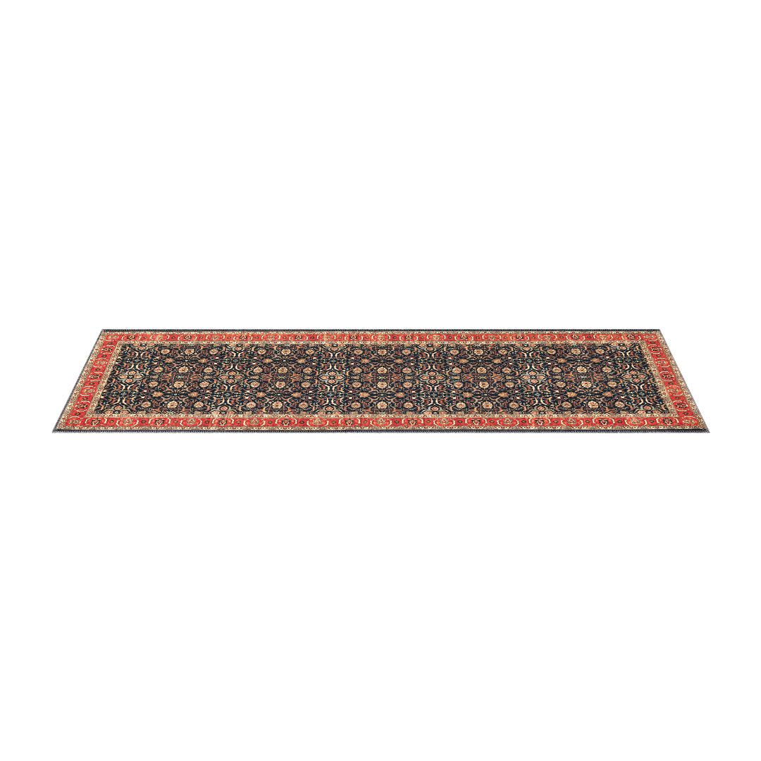 Machine washable area rug with blue and red decorative border, traditional floral pattern, kid and pet friendly, vintage distressed look, made from recycled materials