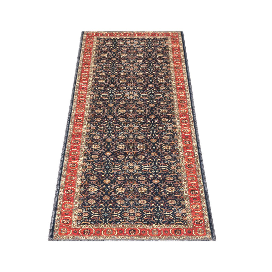 Machine washable area rug with blue and red decorative border, traditional floral pattern, kid and pet friendly, vintage distressed look, made from recycled materials