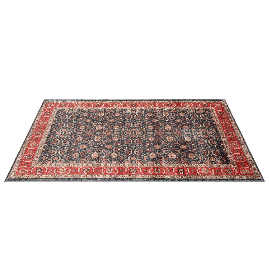 Machine washable area rug with blue and red decorative border, traditional floral pattern, kid and pet friendly, vintage distressed look, made from recycled materials