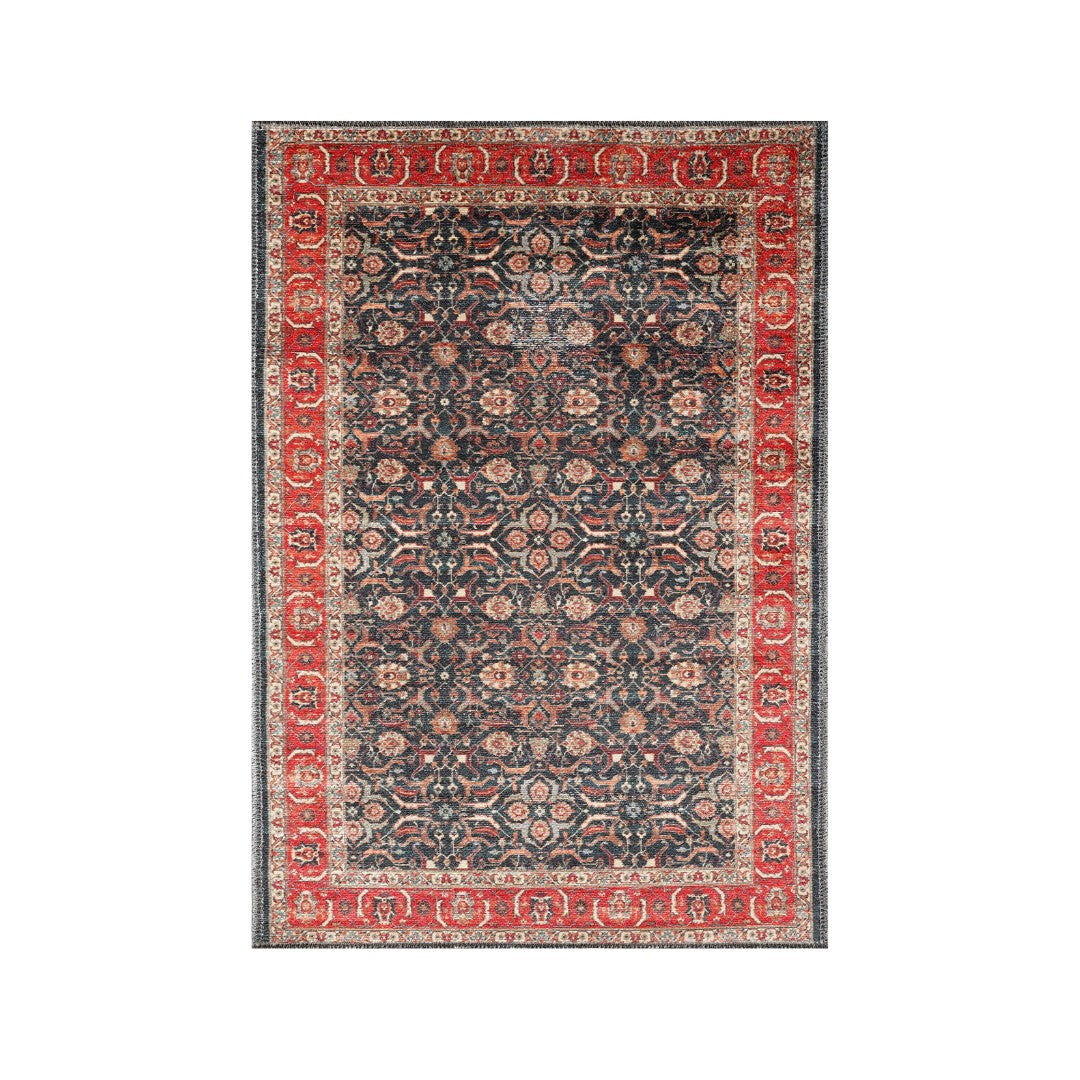 Machine washable area rug with blue and red decorative border, traditional floral pattern, kid and pet friendly, vintage distressed look, made from recycled materials