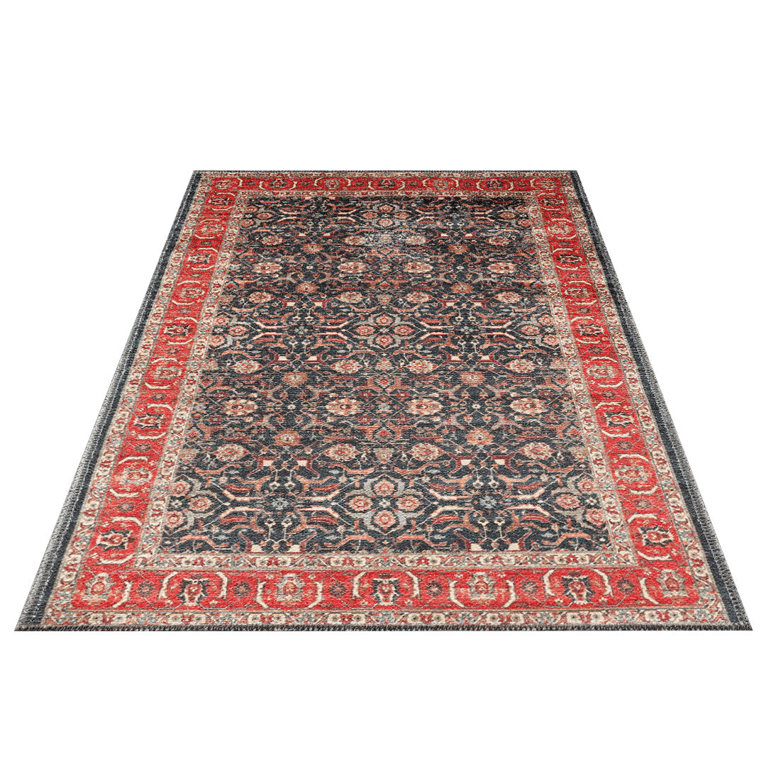 Machine washable area rug with blue and red decorative border, traditional floral pattern, kid and pet friendly, vintage distressed look, made from recycled materials