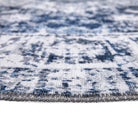 Machine washable area rug in blue and white, recycled material, available in 5x7 and round size, kid-friendly, pet-friendly, eco-friendly design, navy blue, white, distressed blue tones