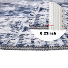 Machine washable area rug in blue and white, recycled material, available in 5x7 and round size, kid-friendly, pet-friendly, eco-friendly design, navy blue, white, distressed blue tones