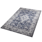 Machine washable area rug in blue and white, recycled material, available in 5x7 and round size, kid-friendly, pet-friendly, eco-friendly design, navy blue, white, distressed blue tones