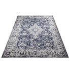 Machine washable area rug in blue and white, recycled material, available in 5x7 and round size, kid-friendly, pet-friendly, eco-friendly design, navy blue, white, distressed blue tones