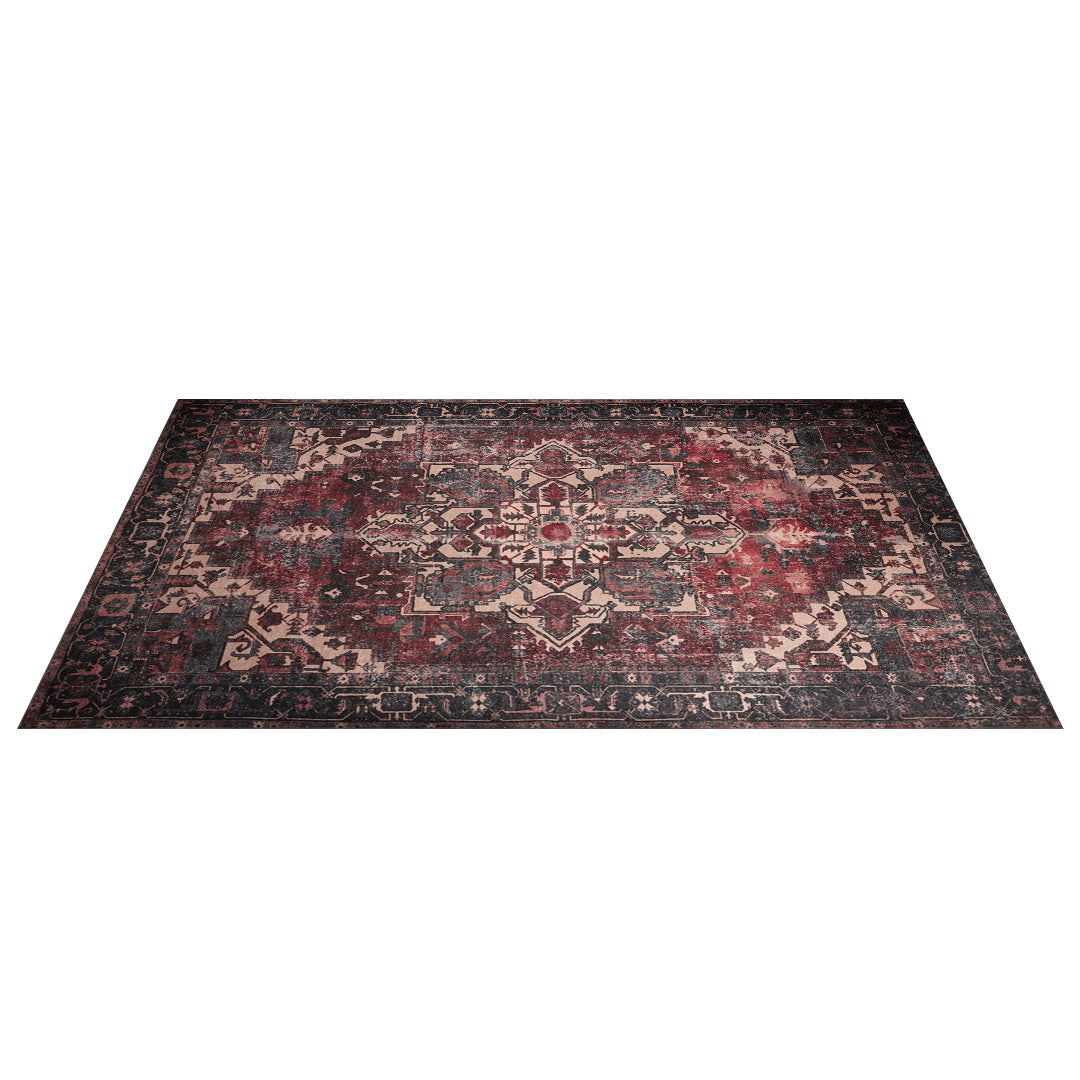 Machine washable burgundy area rug made from recycled materials, kid friendly, pet friendly, sizes 2x3 to 8x10, eco-friendly, durable for high traffic areas.