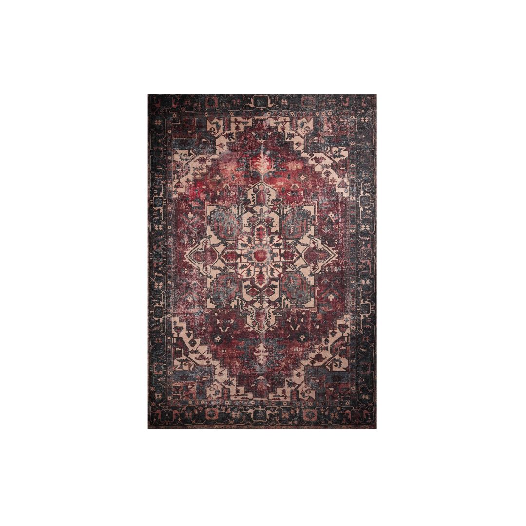 Machine washable burgundy area rug made from recycled materials, kid friendly, pet friendly, sizes 2x3 to 8x10, eco-friendly, durable for high traffic areas.