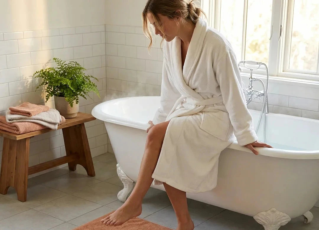 Woman in a white robe stepping onto a terracotta bath mat in a bathroom.