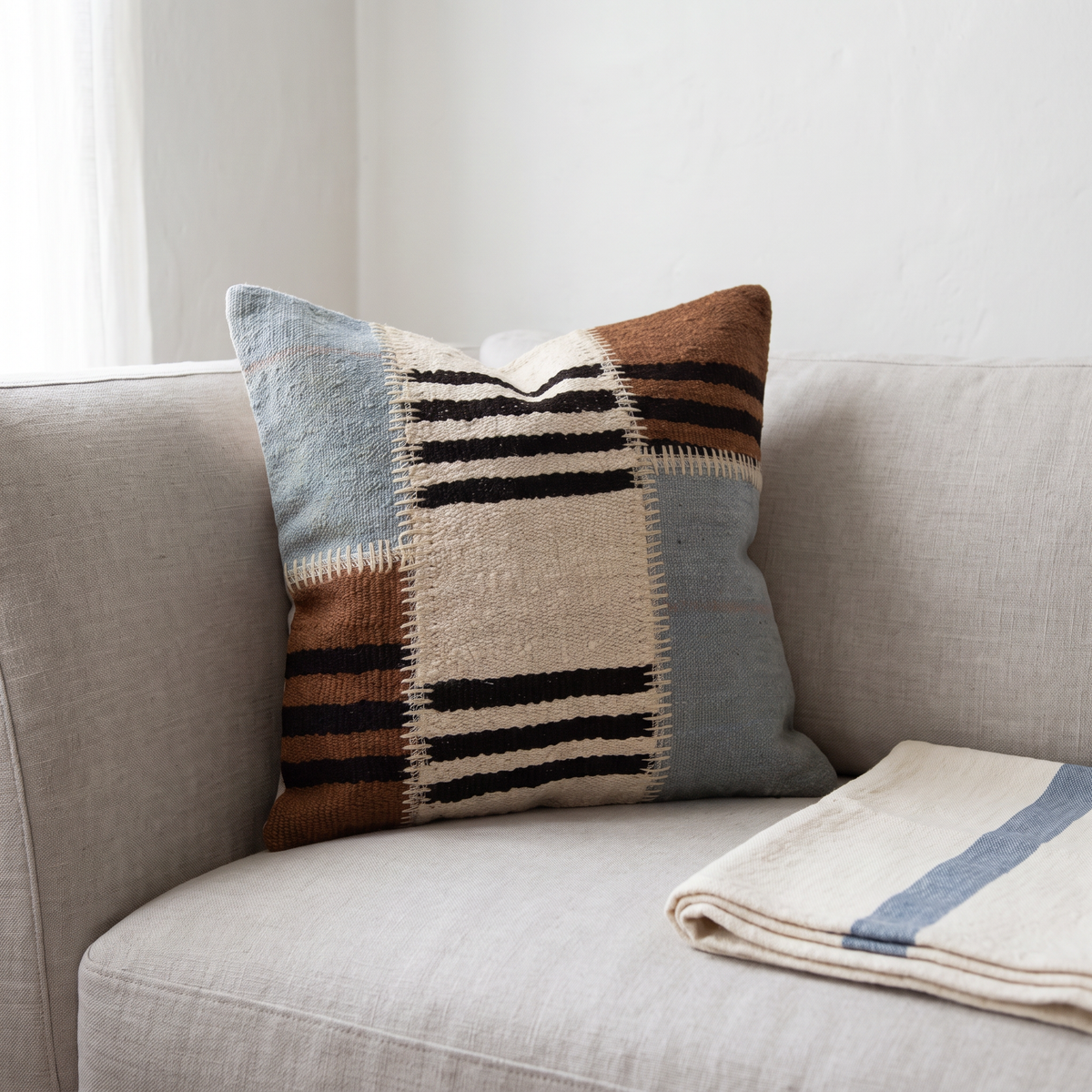 Blue Boho Patchwork Pillow Cover 20x20 - living room - M-0004