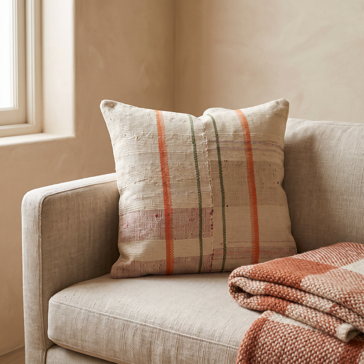 Cream Farmhouse Plaid Pillow Cover 20x20 - living room - N-0022