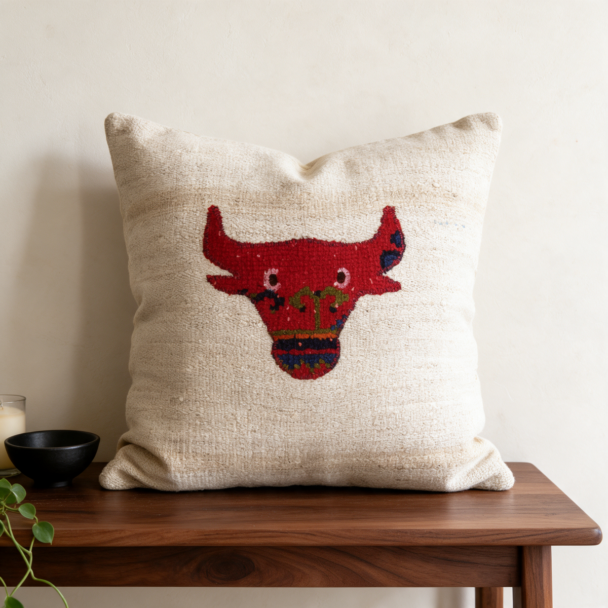 Red Western Bull Pillow Cover 20x20 - console - N-0027