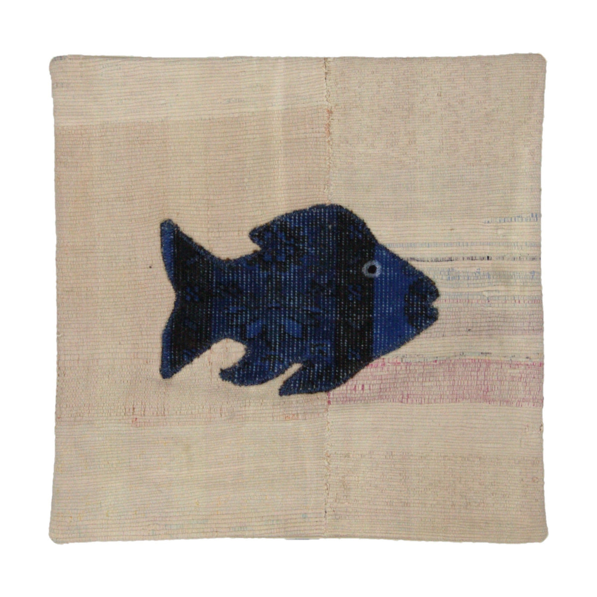 Navy & Cream hemp applique fish pillow cover 20" x 20" - PC-FIS-NAV-5050-018 - Arconiz