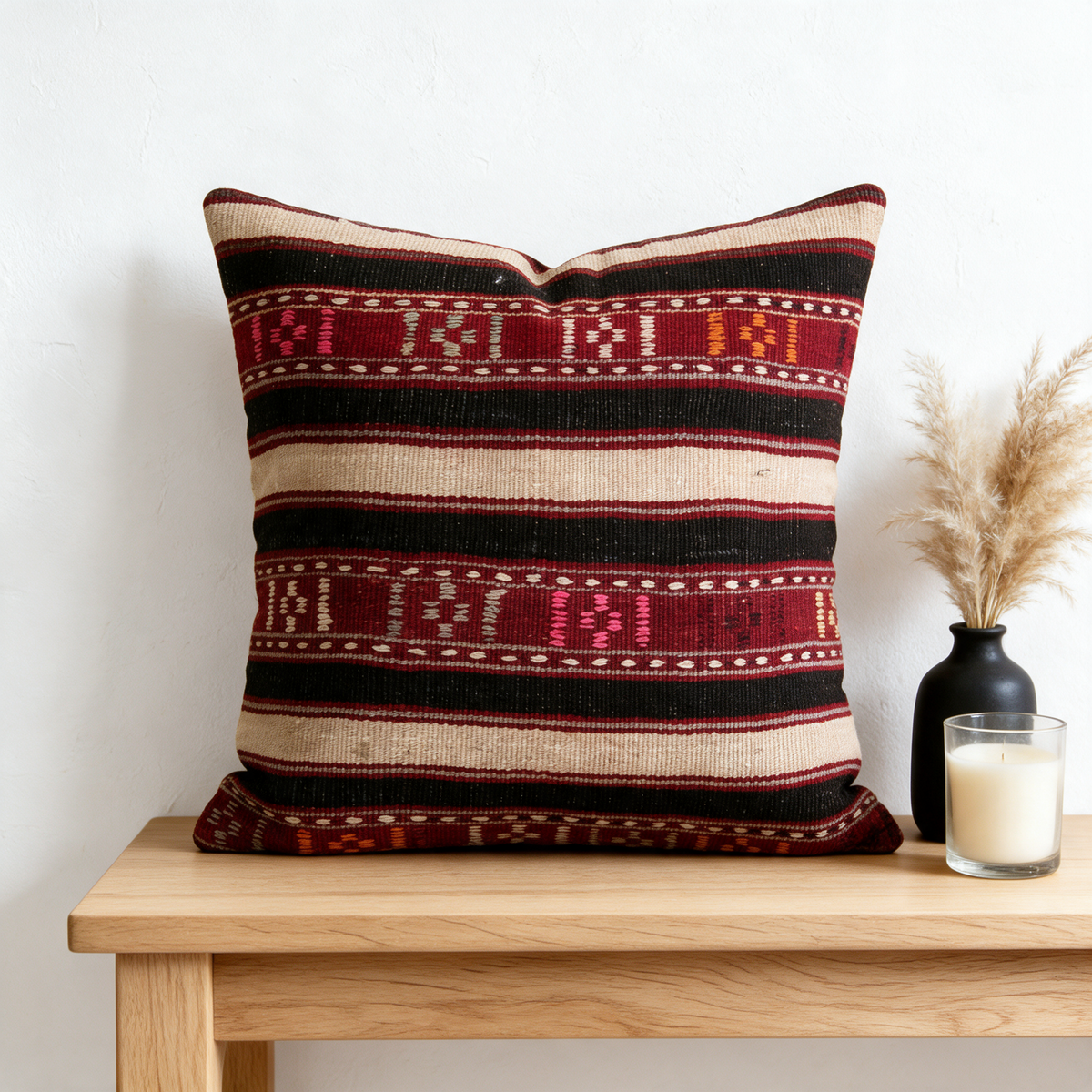 Black Boho Stripe Pillow Cover 18x18 - console - N-0127