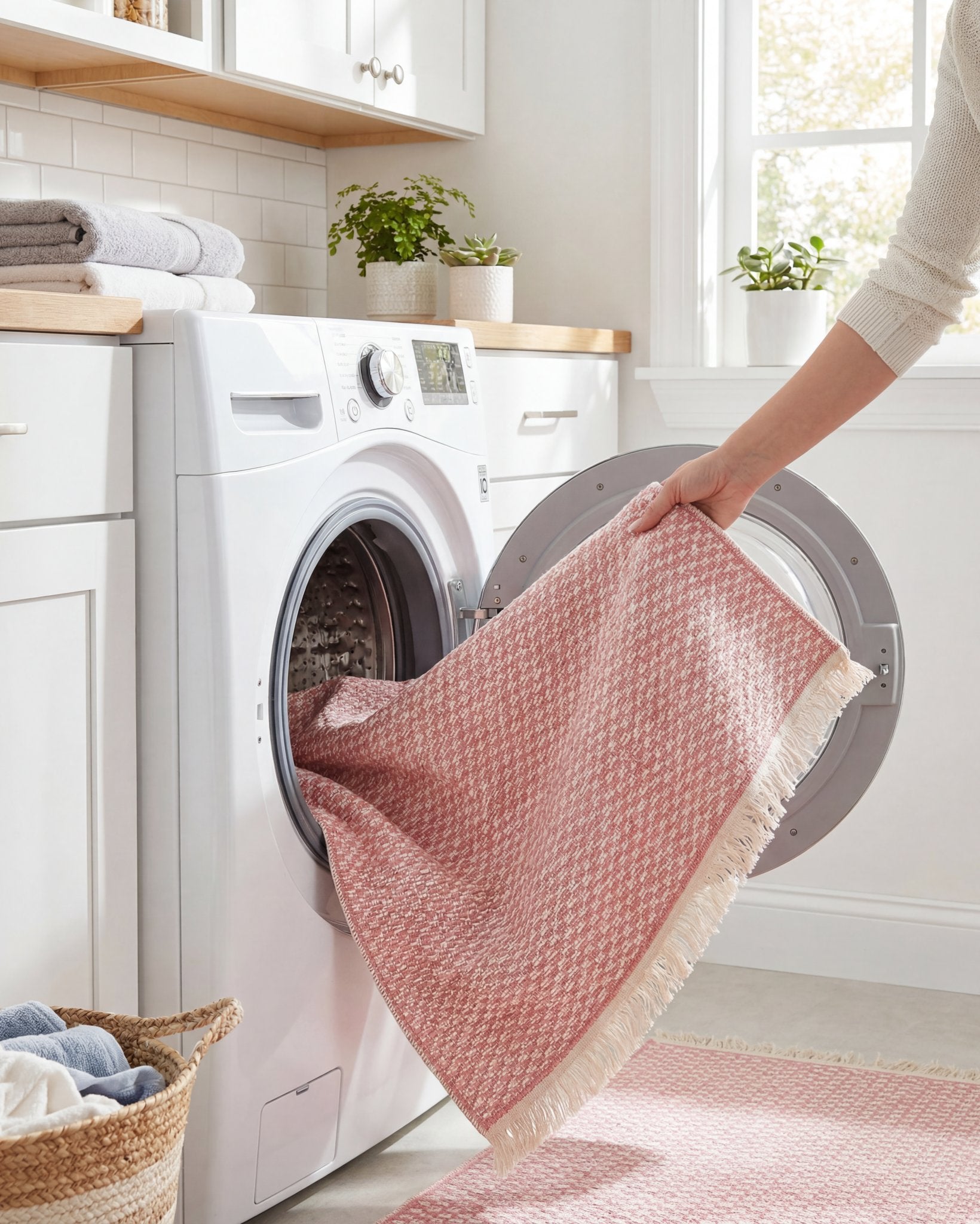 Pink washable runner rug being loaded into a home washing machine