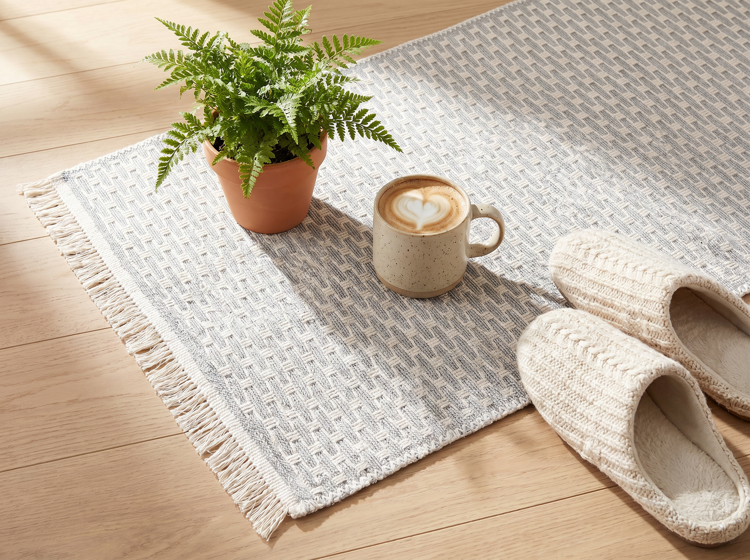 Overhead styled flat lay of the light gray geometric check runner rug with home decor