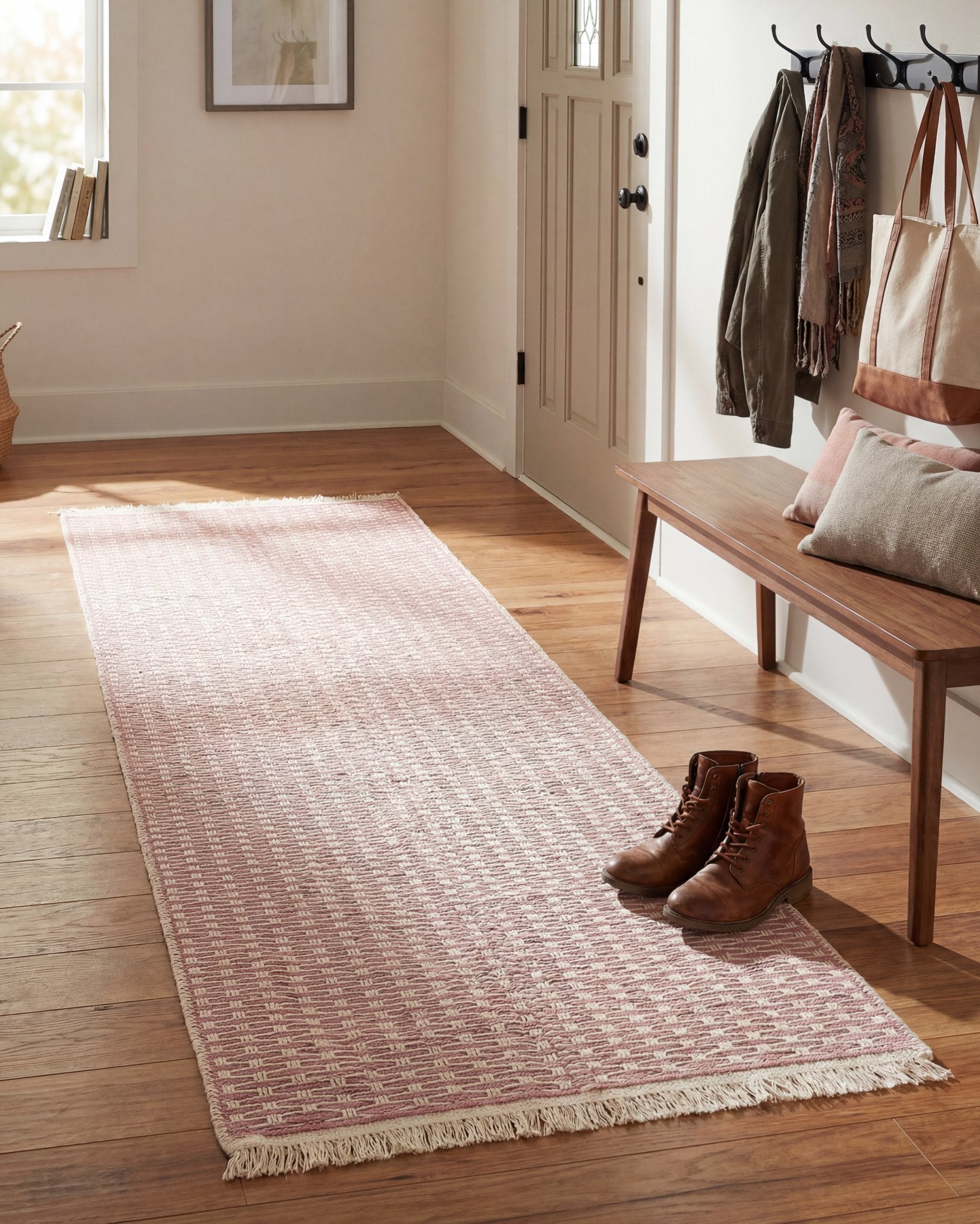 Pink geometric check washable runner rug in a home entryway by the front door