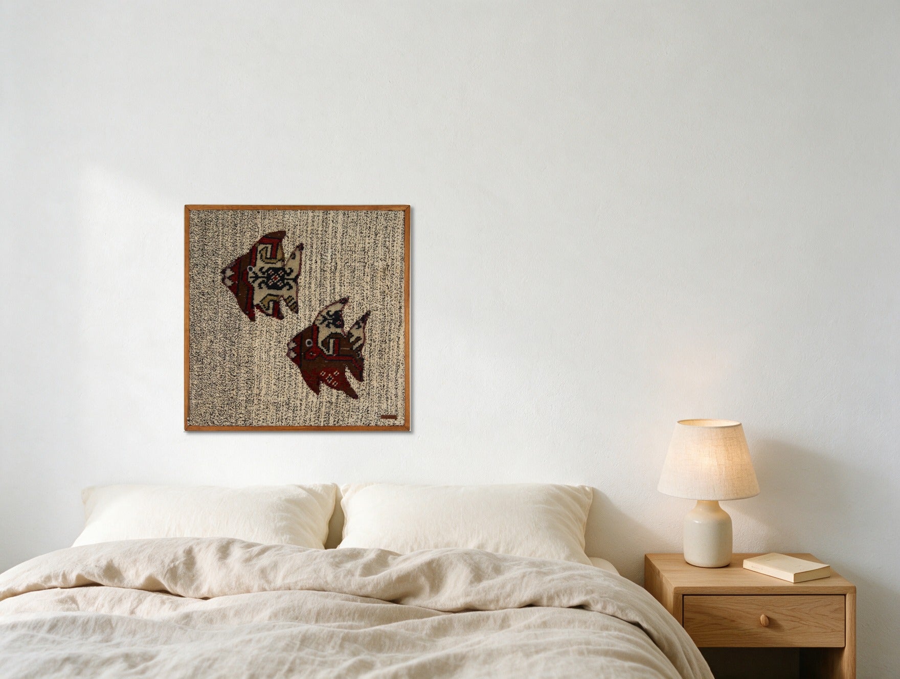 Ivory & Deep Red Kilim Fish on Oatmeal Fleck woven wall art in a second styled room setting, for scale - WA-FSP-IVO-6060-001