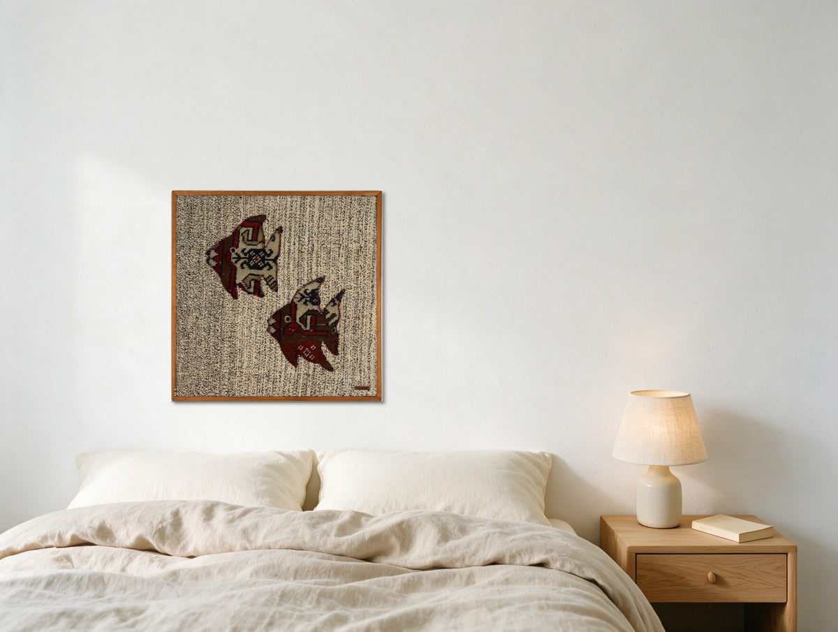 Ivory & Deep Red Kilim Fish on Oatmeal Fleck woven wall art in a second styled room setting, for scale - WA-FSP-IVO-6060-001