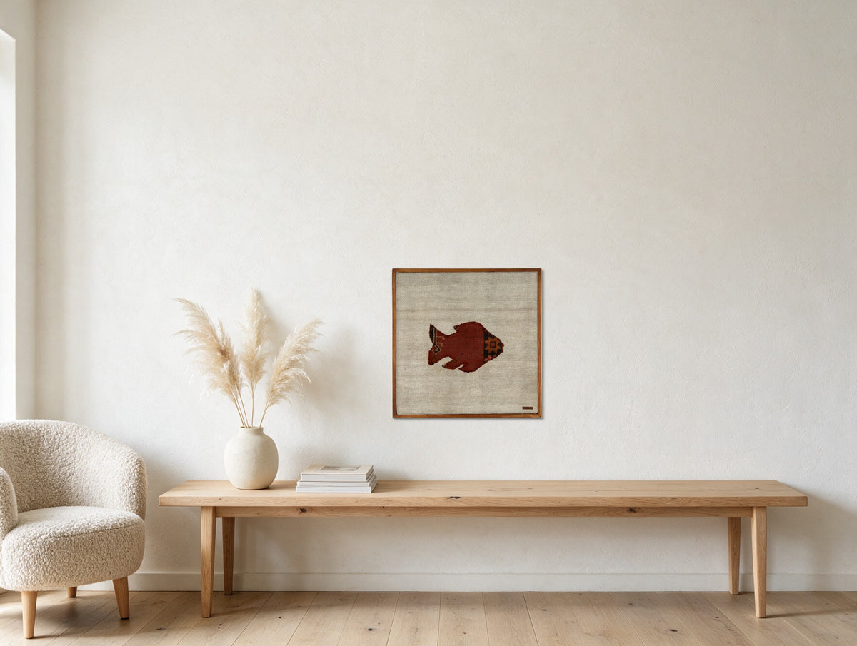 Deep Red Kilim Fish on Cream woven wall art in a second styled room setting, for scale - WA-FSH-DEE-6060-002
