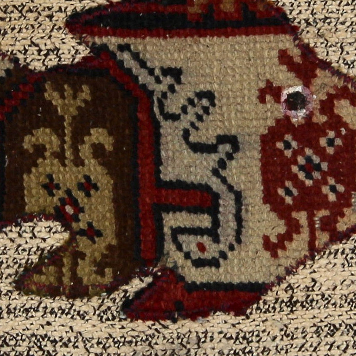 Close-up of the handwoven kilim weave - Red & Cream Kilim Fish on Charcoal Fleck - WA-FSH-RED-6060-003 - Arconiz
