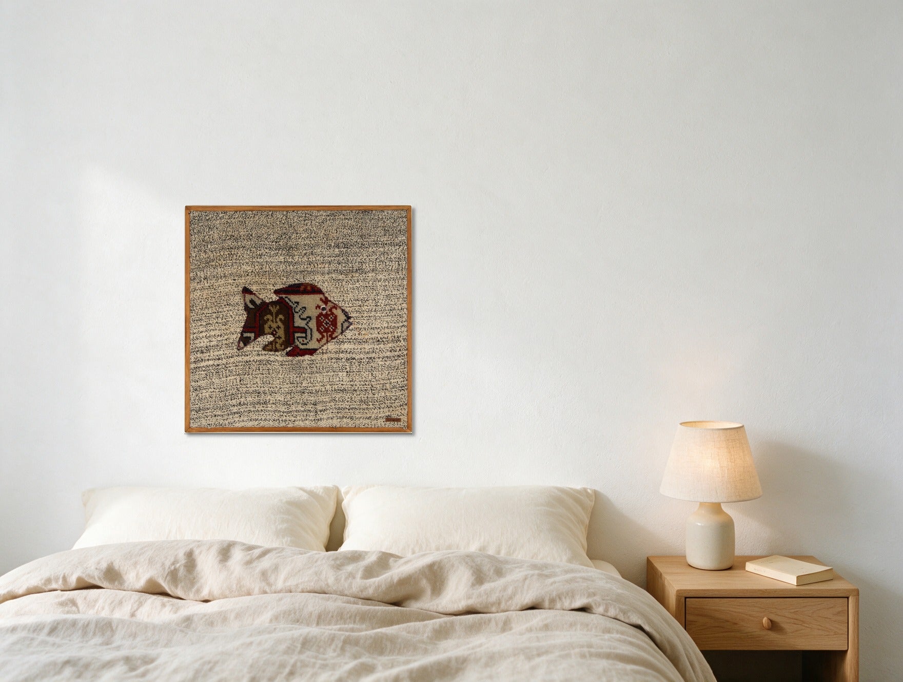 Red & Cream Kilim Fish on Charcoal Fleck woven wall art in a second styled room setting, for scale - WA-FSH-RED-6060-003