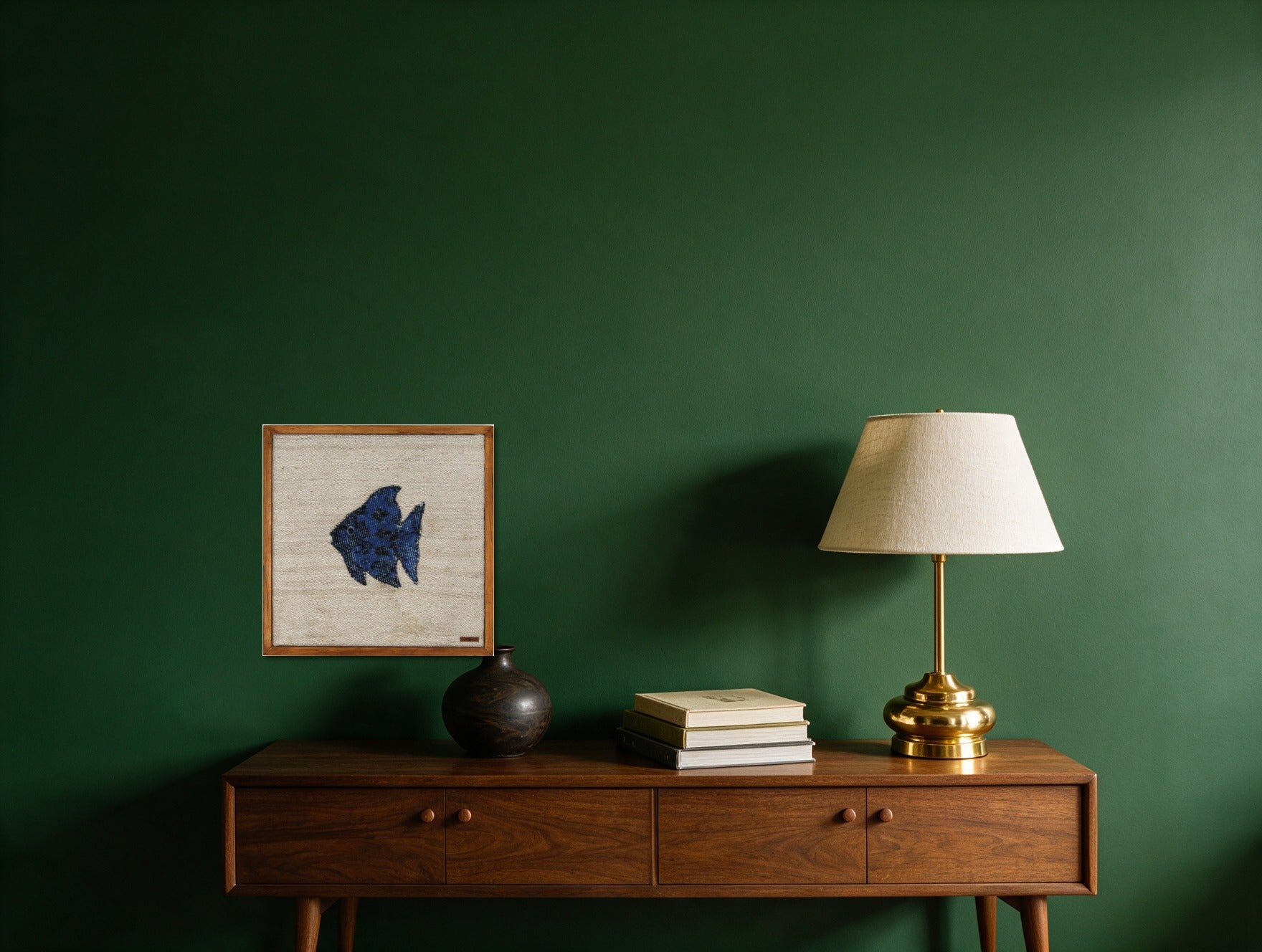 Cobalt Blue Kilim Fish on Cream woven wall art shown hanging in a styled room, for scale - WA-FSH-COB-5050-004