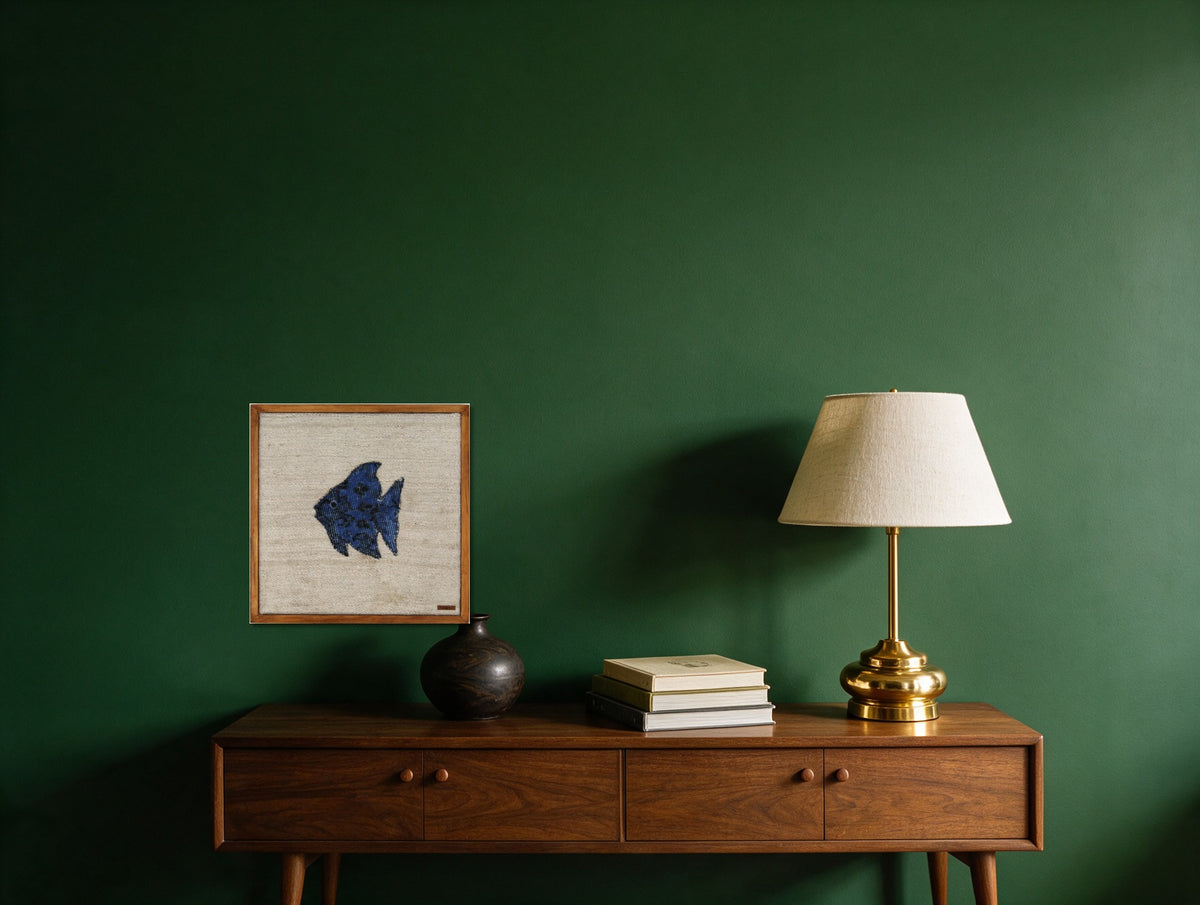 Cobalt Blue Kilim Fish on Cream woven wall art shown hanging in a styled room, for scale - WA-FSH-COB-5050-004