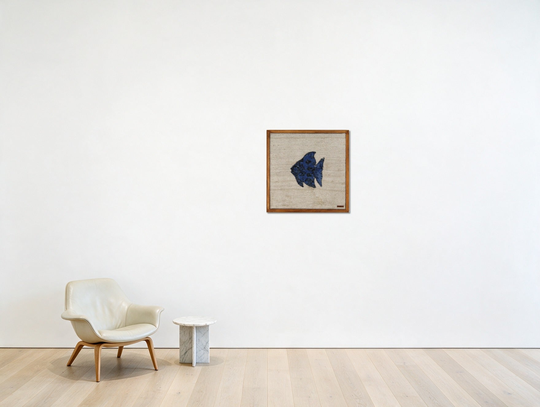 Cobalt Blue Kilim Fish on Cream woven wall art in a second styled room setting, for scale - WA-FSH-COB-5050-004