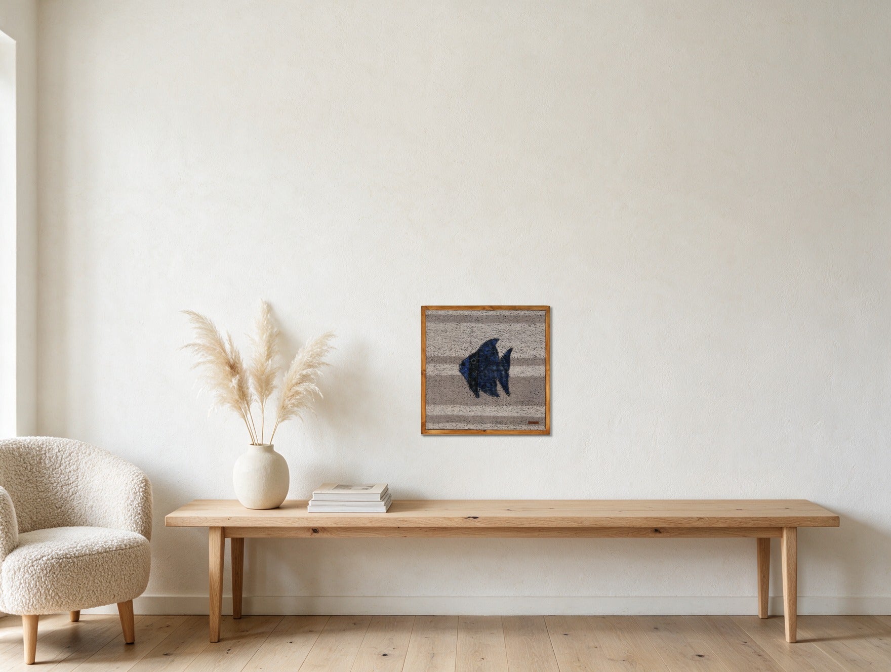 Indigo Kilim Fish on Cream & Grey Band woven wall art shown hanging in a styled room, for scale - WA-FSH-IND-5050-005