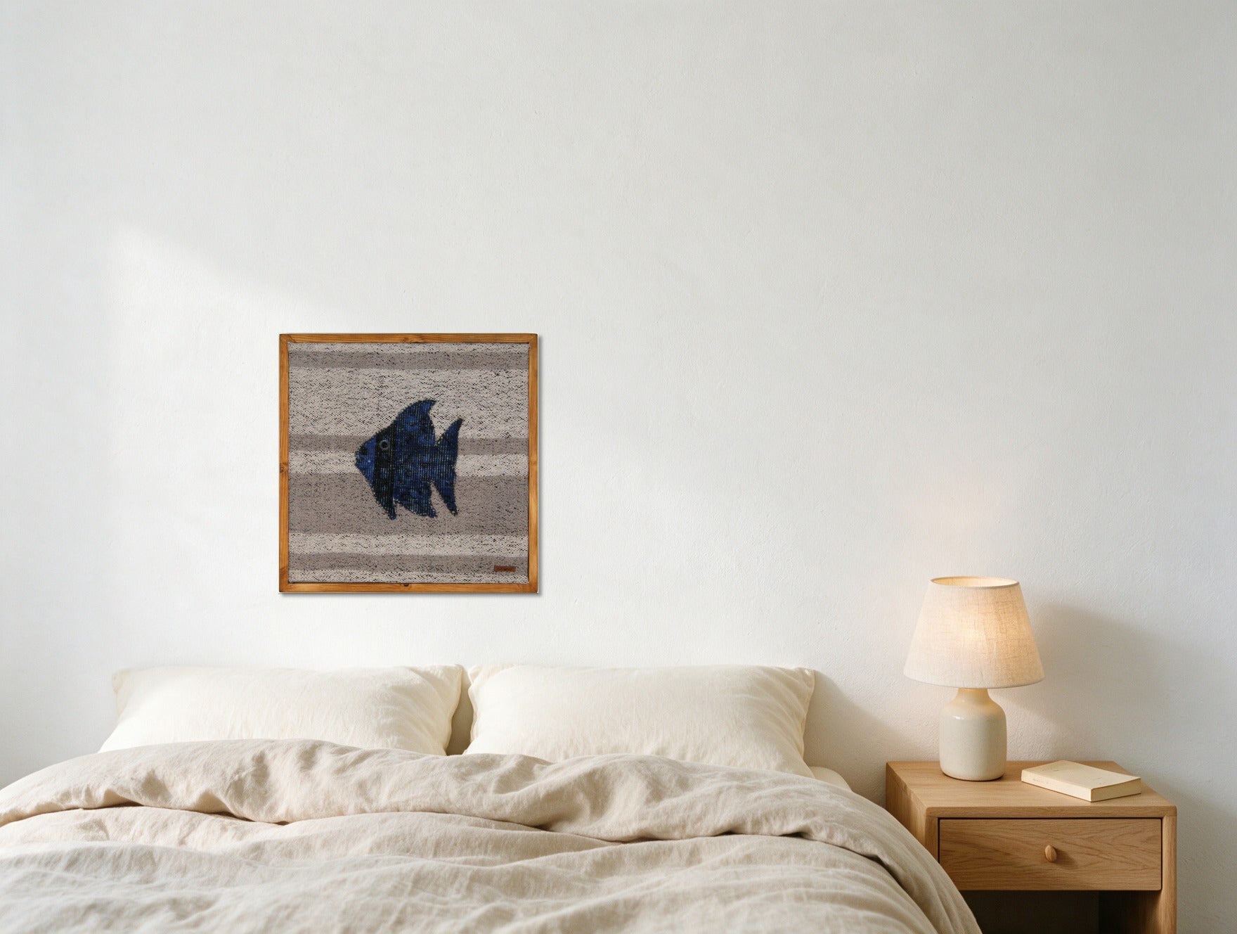 Indigo Kilim Fish on Cream & Grey Band woven wall art in a second styled room setting, for scale - WA-FSH-IND-5050-005