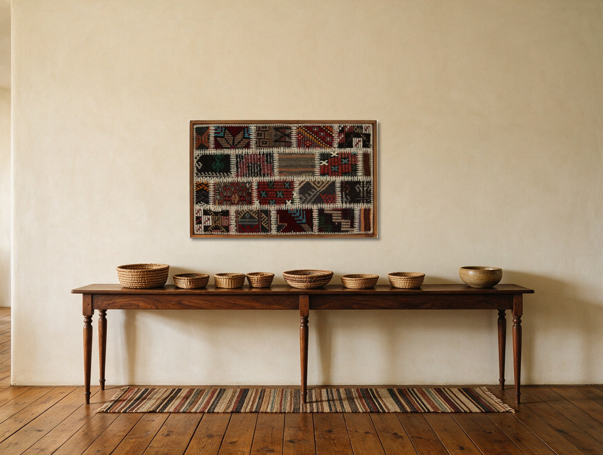 Red, Teal & Black Kilim Patchwork on Multicolor woven wall art shown hanging in a styled room, for scale - WA-PCH-RED-8855-006