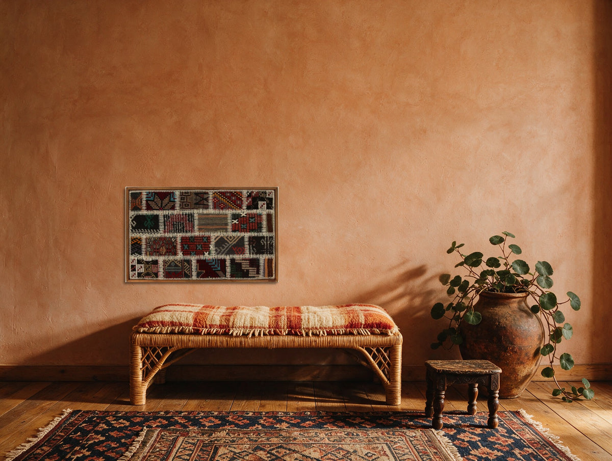 Red, Teal & Black Kilim Patchwork on Multicolor woven wall art in a second styled room setting, for scale - WA-PCH-RED-8855-006