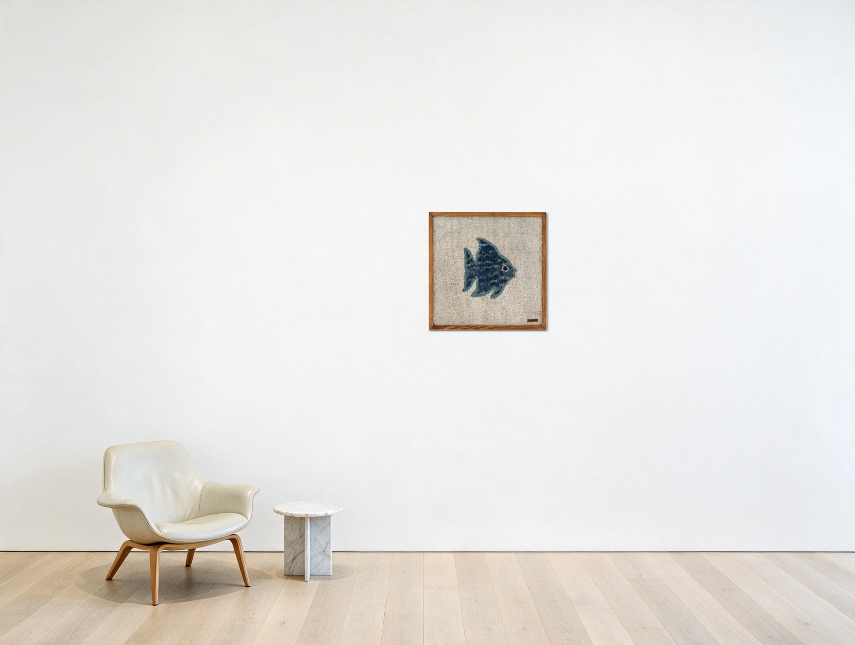 Teal Kilim Fish on Oatmeal woven wall art shown hanging in a styled room, for scale - WA-FSH-TEA-4545-007