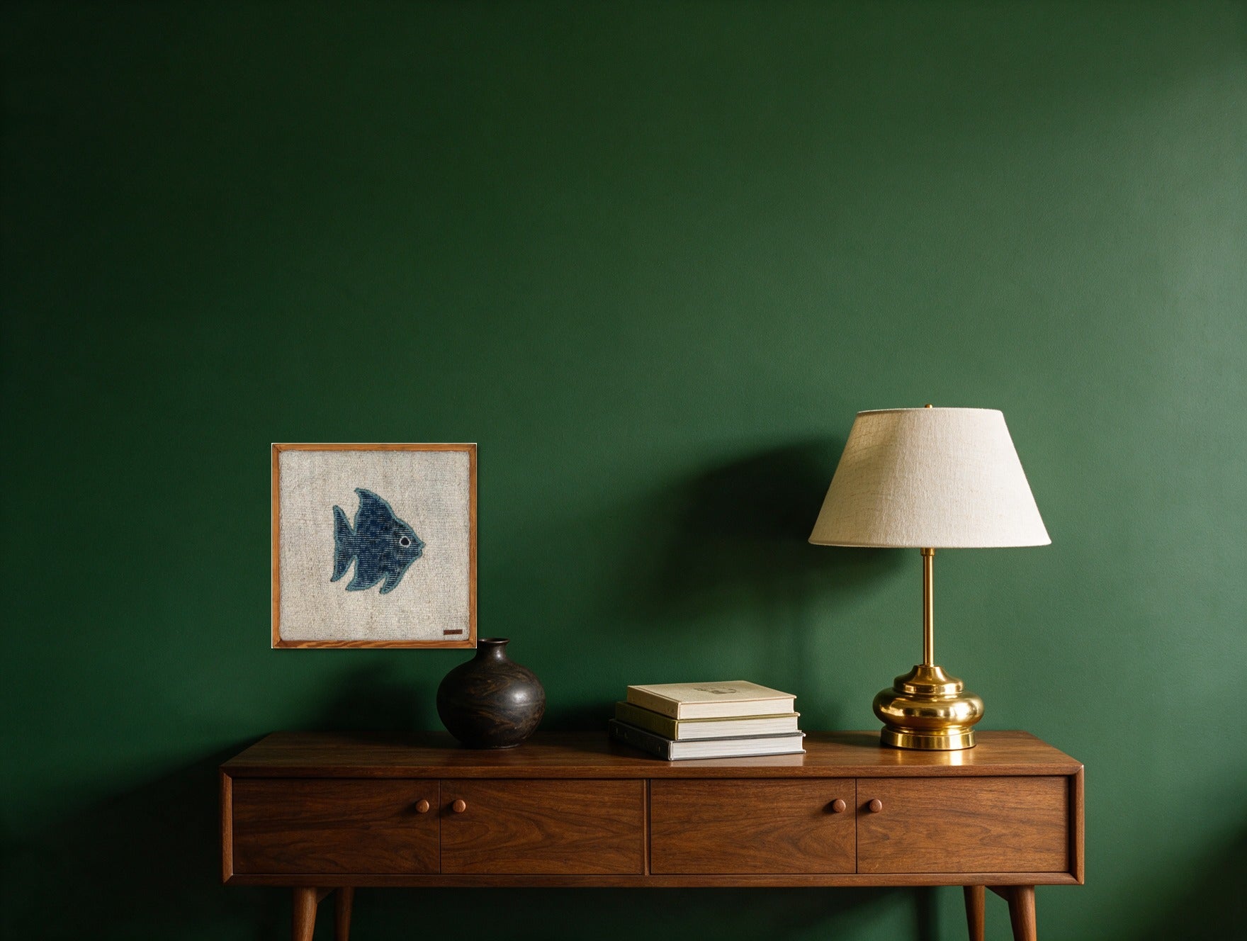 Teal Kilim Fish on Oatmeal woven wall art in a second styled room setting, for scale - WA-FSH-TEA-4545-007