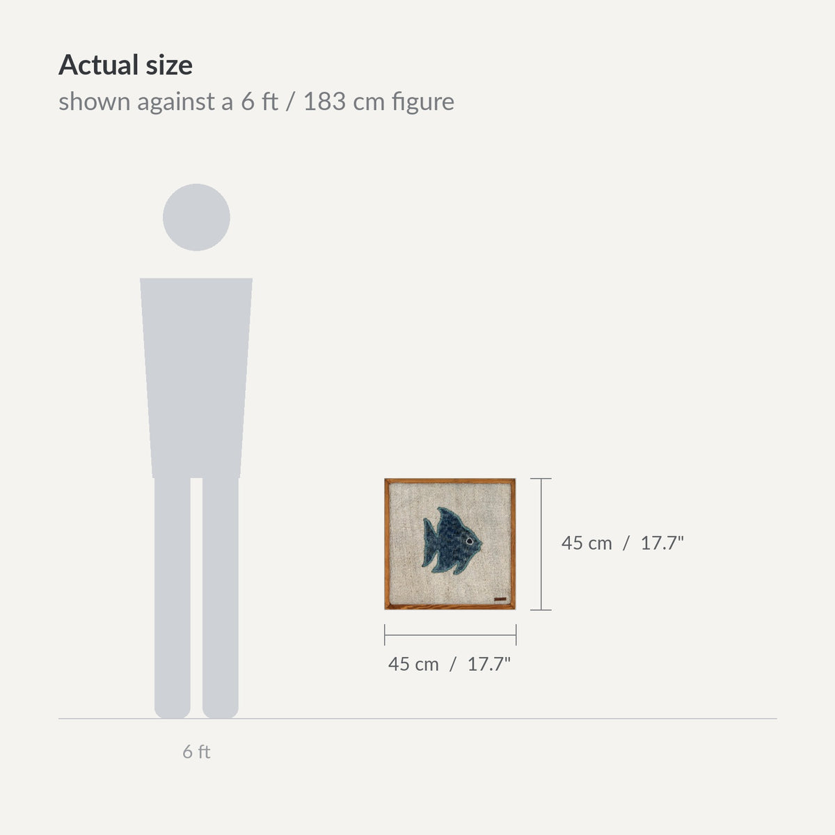 Size guide: 18" x 18" shown against a 6 ft / 183 cm figure - WA-FSH-TEA-4545-007