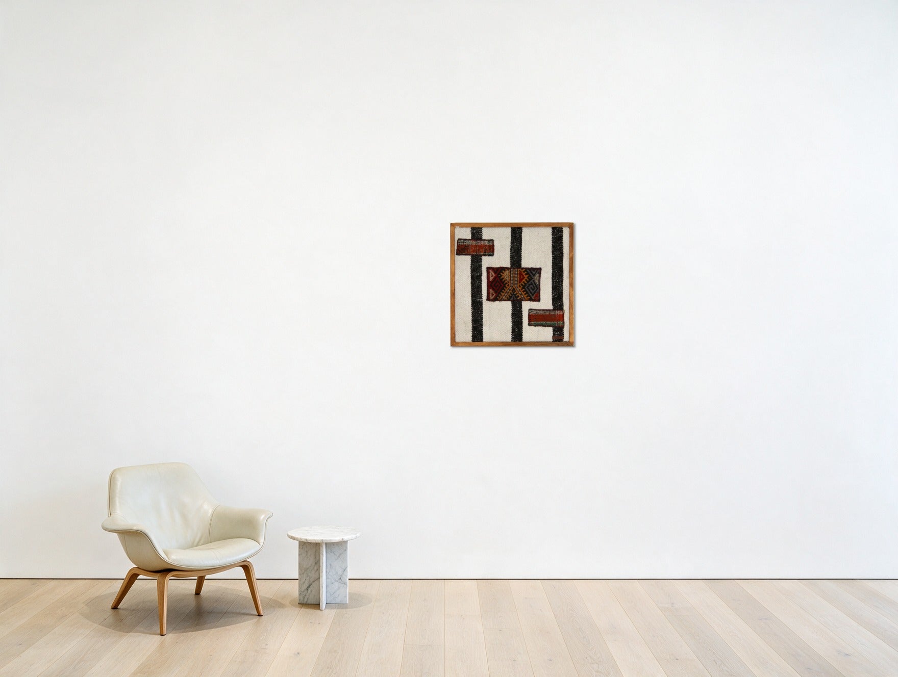 Red & Ochre Kilim Panel on Cream & Black Stripe woven wall art in a second styled room setting, for scale - WA-PNL-RED-4545-008