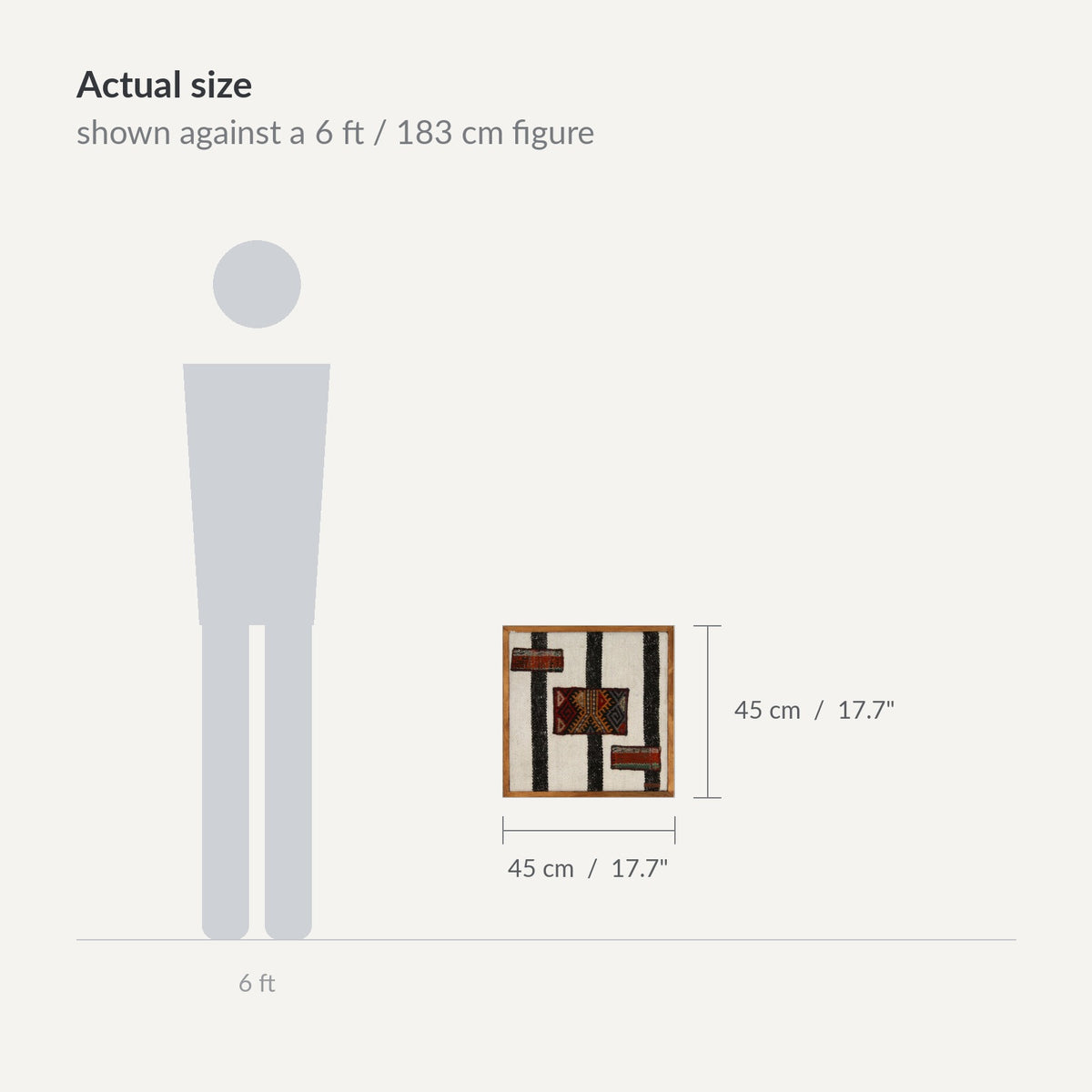 Size guide: 18" x 18" shown against a 6 ft / 183 cm figure - WA-PNL-RED-4545-008