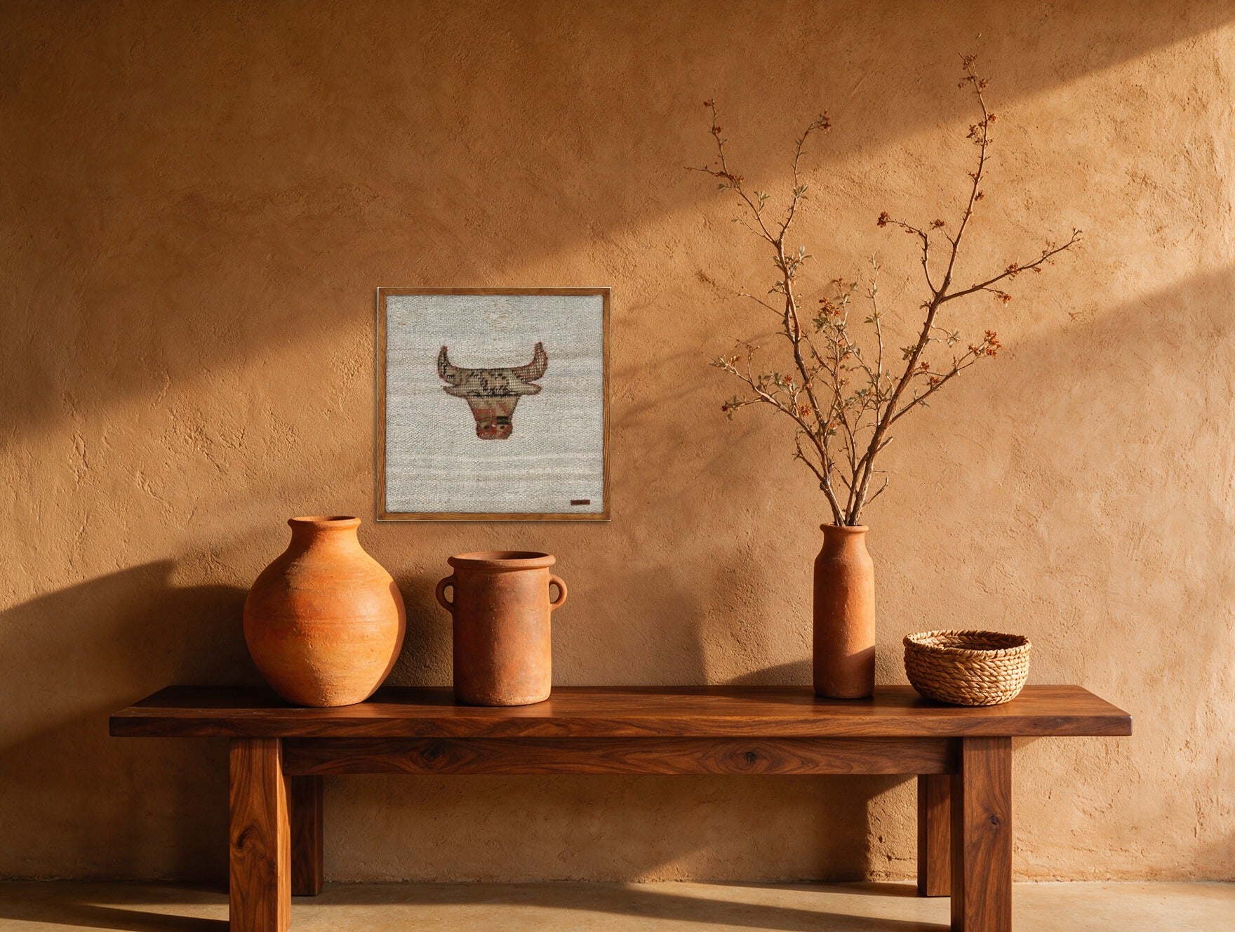 Tan & Rust Kilim Bull on Pale Ivory woven wall art in a second styled room setting, for scale - WA-BUL-TAN-5050-010