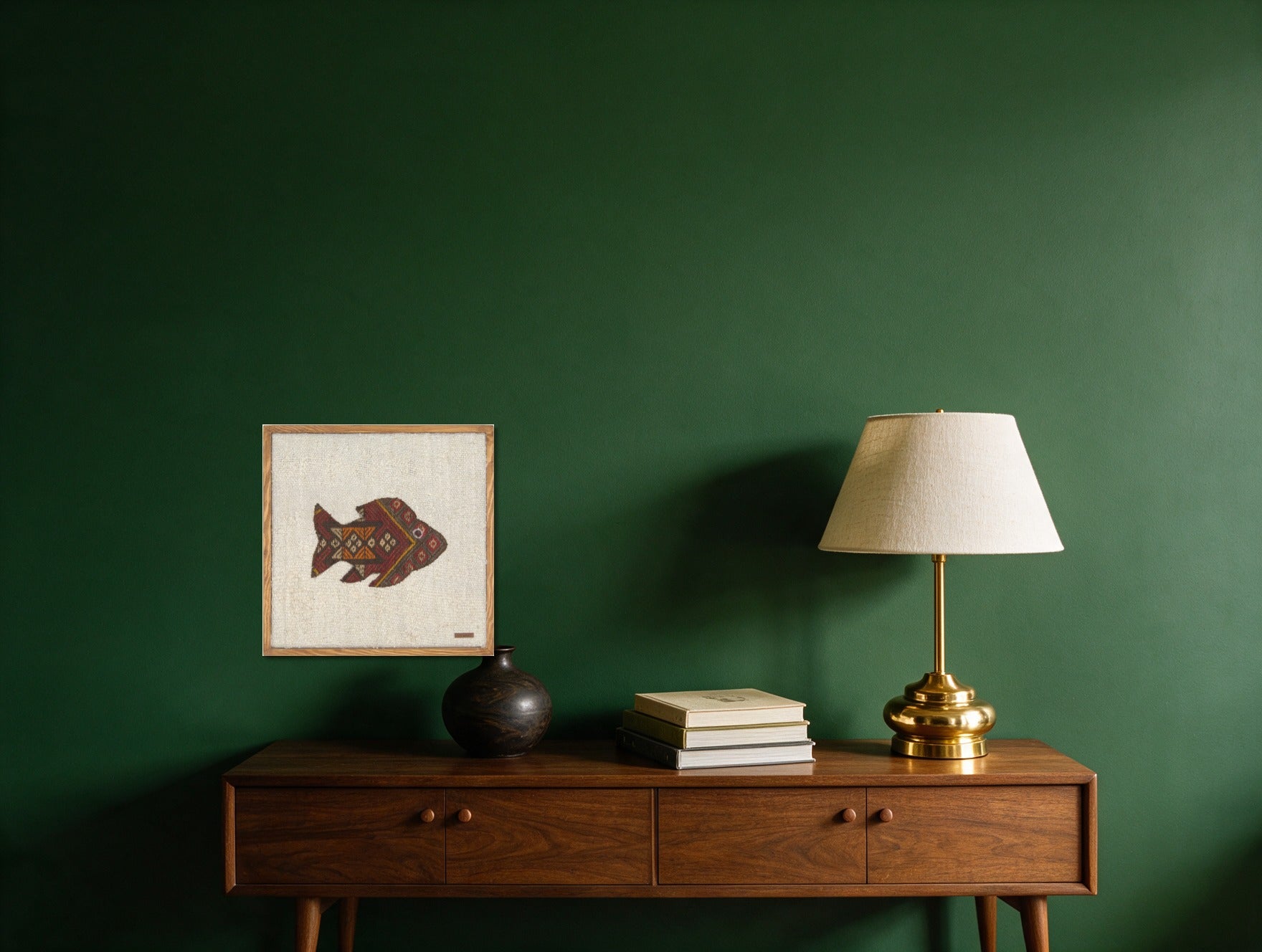 Red & Gold Kilim Fish on Ivory woven wall art in a second styled room setting, for scale - WA-FSH-RED-5050-011