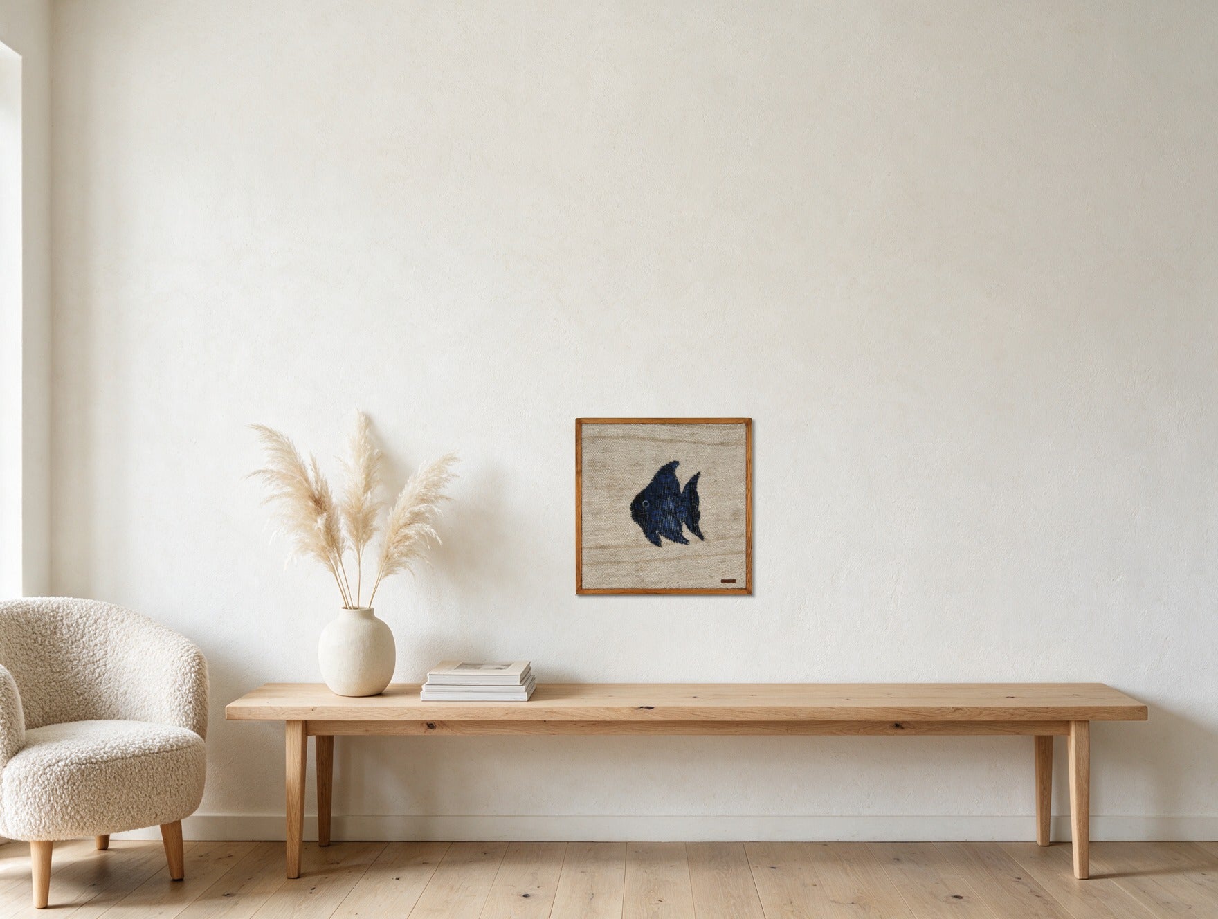 Navy Kilim Fish on Warm Oatmeal woven wall art in a second styled room setting, for scale - WA-FSH-NAV-5050-014