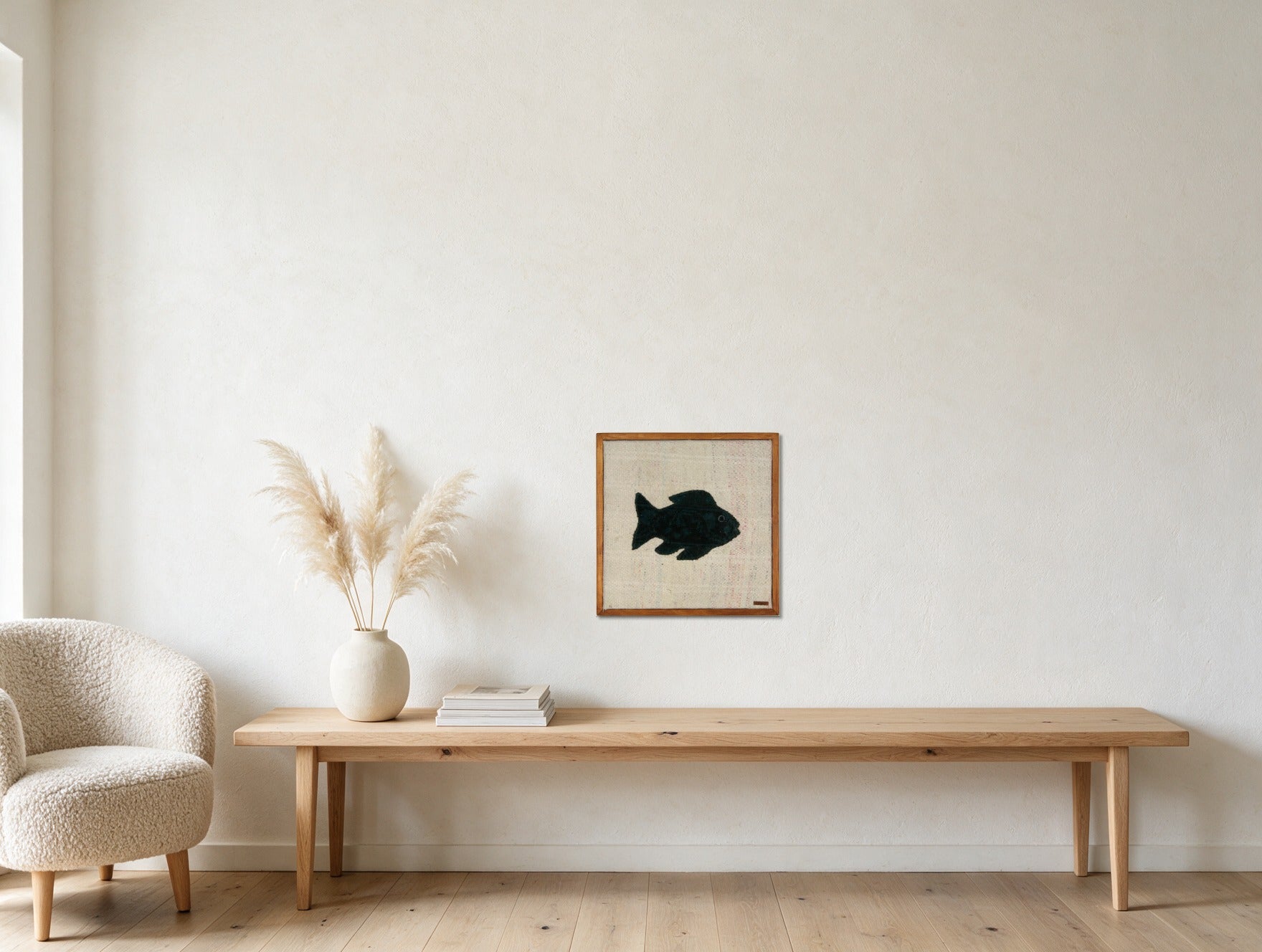 Near Black Kilim Fish on Cream & Rose Fleck woven wall art in a second styled room setting, for scale - WA-FSH-NEA-5050-016